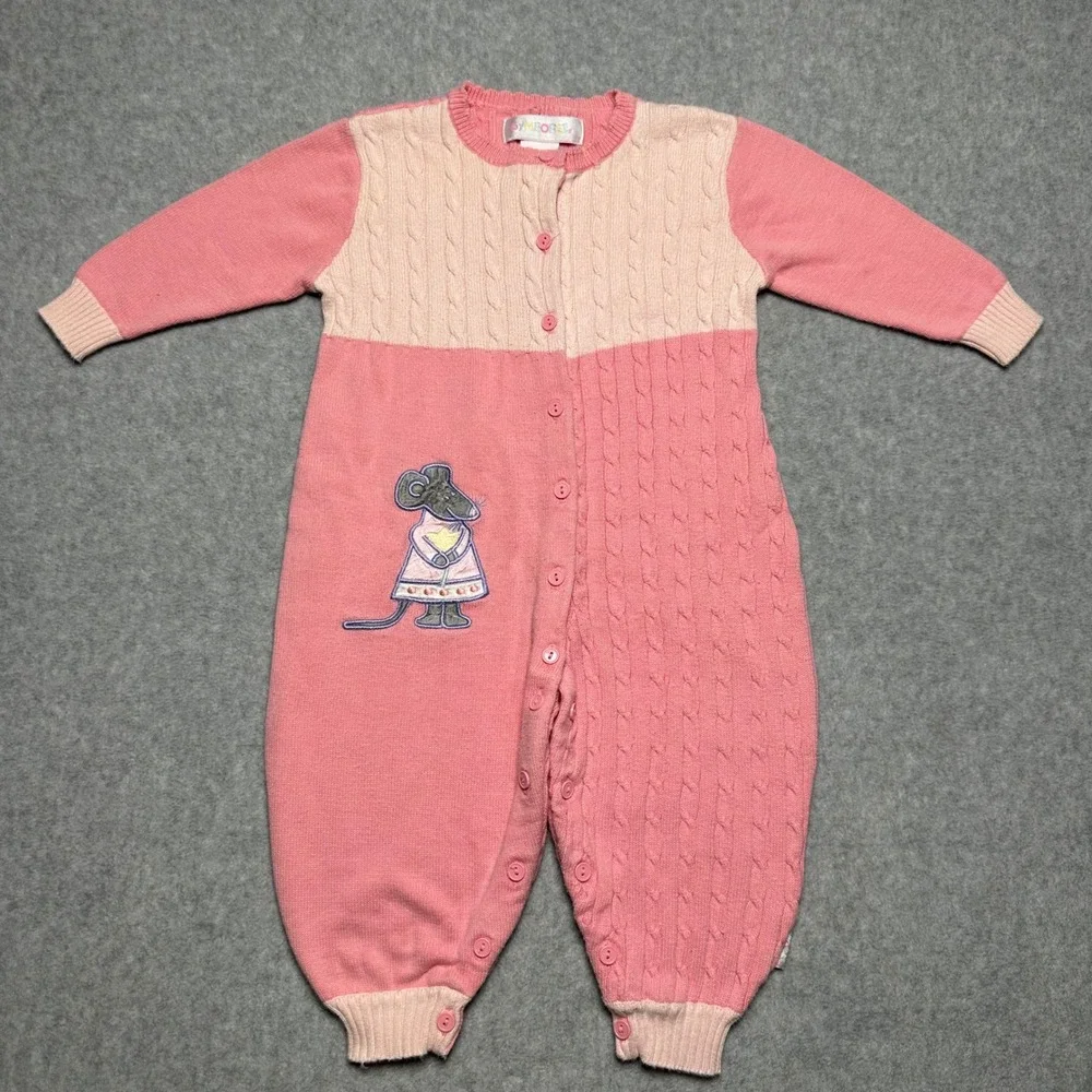 Vintage Gymboree Pink Cable Knit Jumpsuit Mouse Embroidered Romper 12-18M